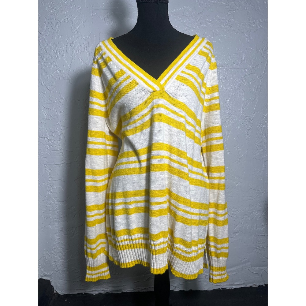NWT GAP 100% Cotton Yellow White Striped V-Neck Sweater XL
